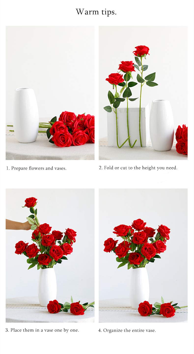 Laelfe 12 pcs Artificial Red Roses Flowers Long Stem Fake Silk Rose for Home Wendding Decorations(Red) - Image 4